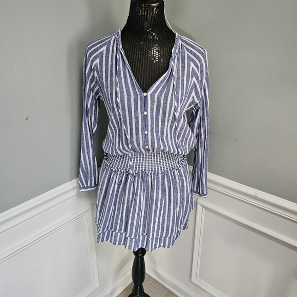 Rails Size S Jasmine Mini Dress Tie-Neck Smocked-Waist Azure Striped Lin… - Picture 2 of 16